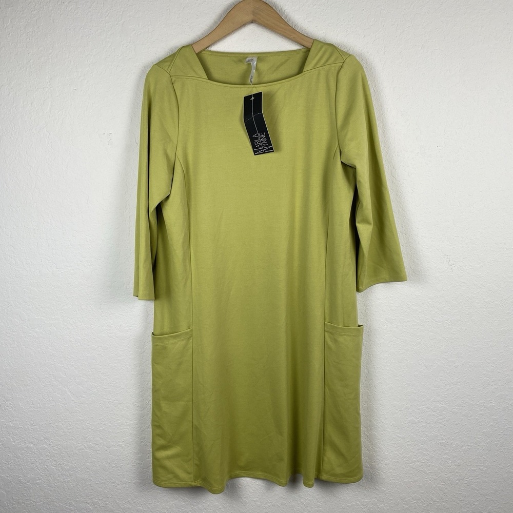 Marla Wynne L Shift Dress Green Pockets Boat Neck Minimalist Artsy Knee Length